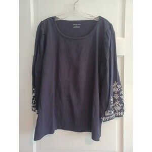 Talbots embroidered sleeve navy cotton tee XL knit shirt preppy boho classic